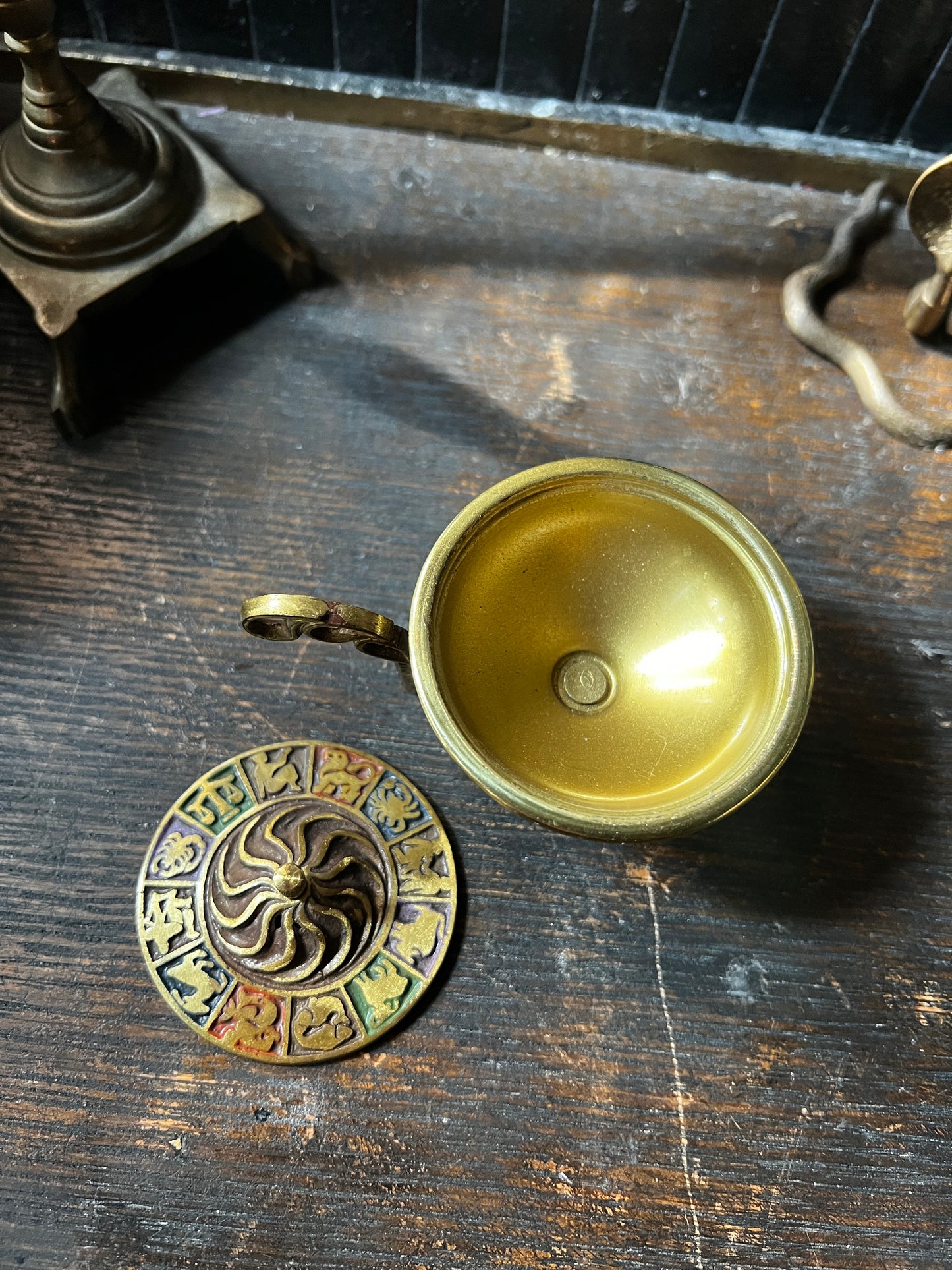 Zodiac Brass Enamel Incense Dish