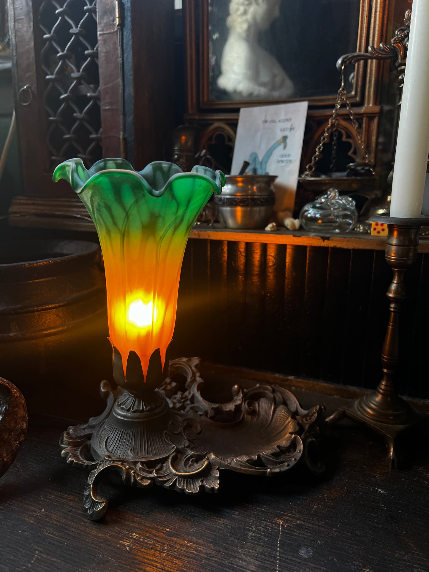 Art Nouveau Cast Iron Lily Table Lamp Dish