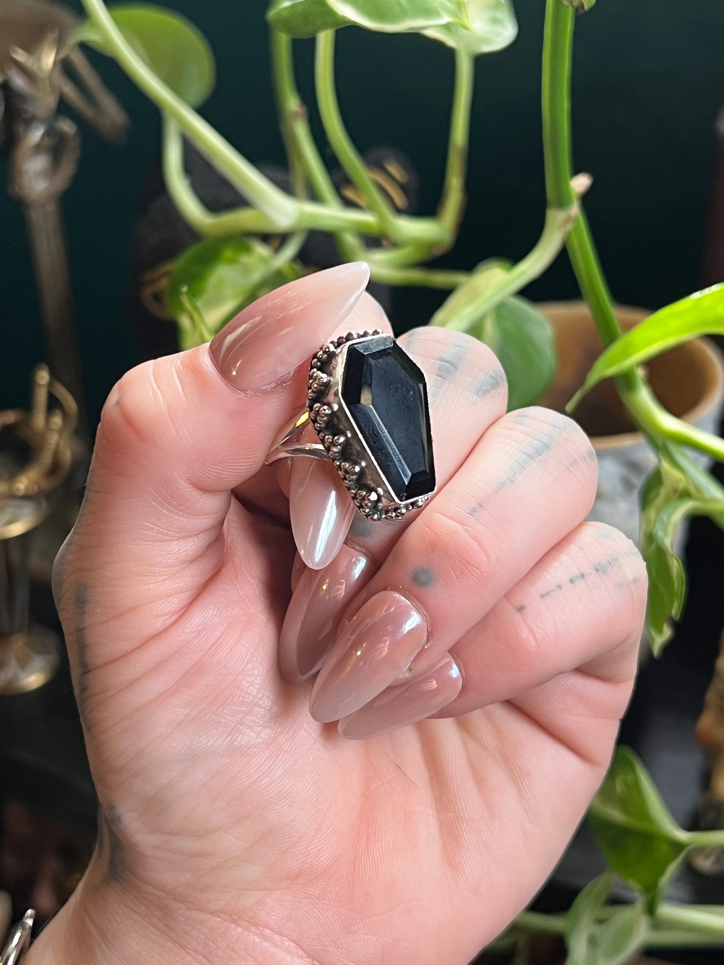 Sterling Black Onyx Coffin Ring
