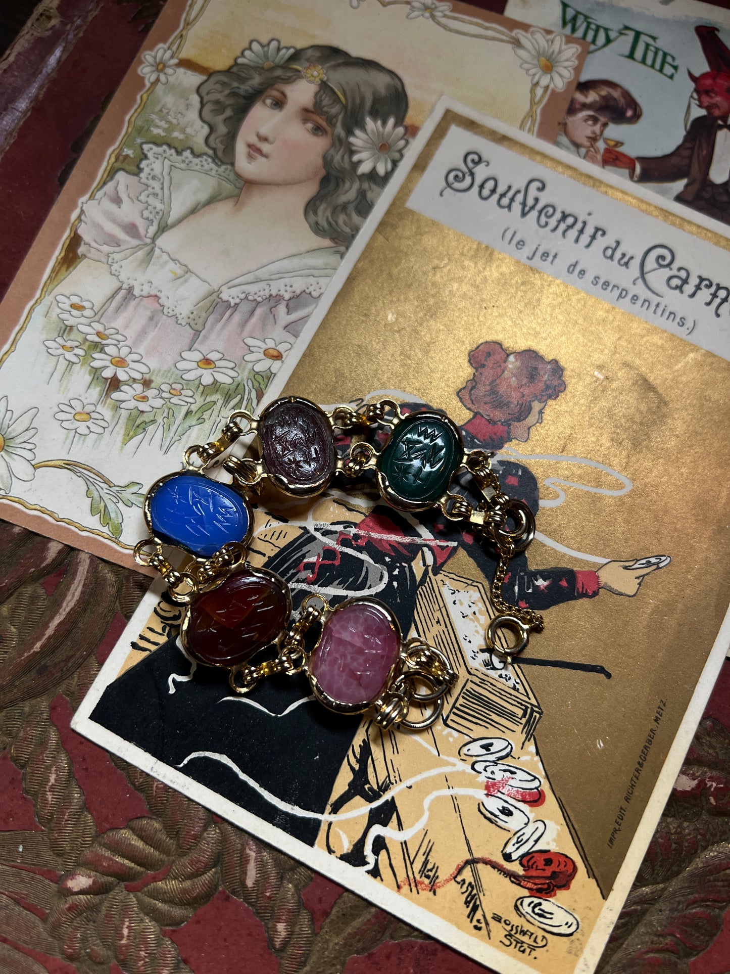 Vintage Scarab Carved Stone Bracelet