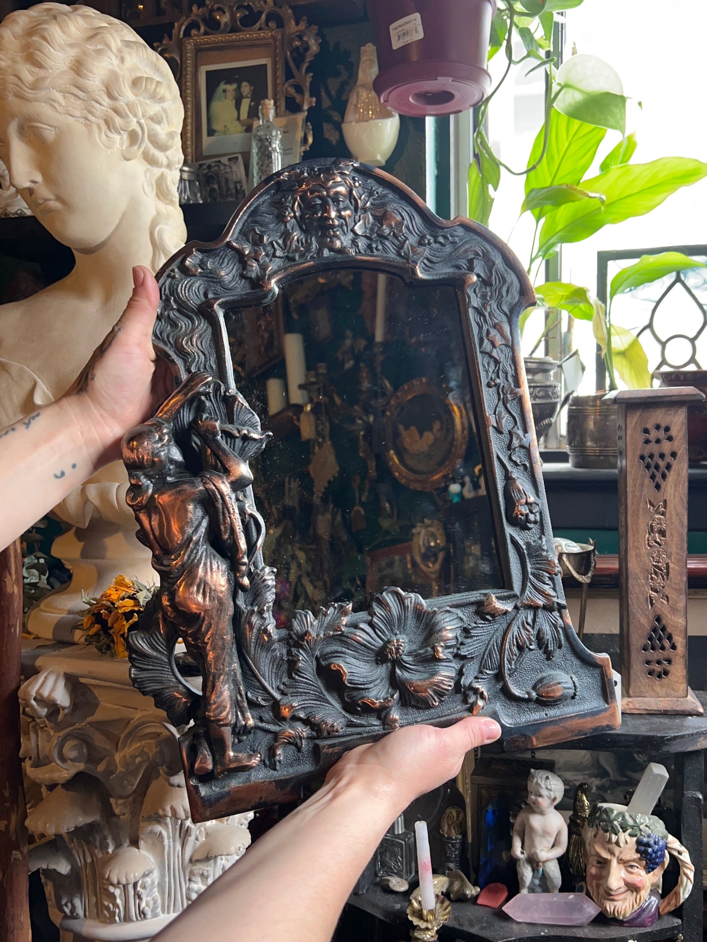 Art Nouveau Cast Iron Lady W Florals Green Man Table Top Mirror