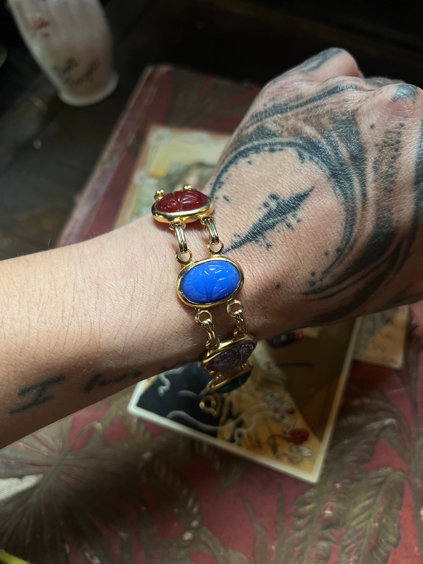 Vintage Scarab Carved Stone Bracelet