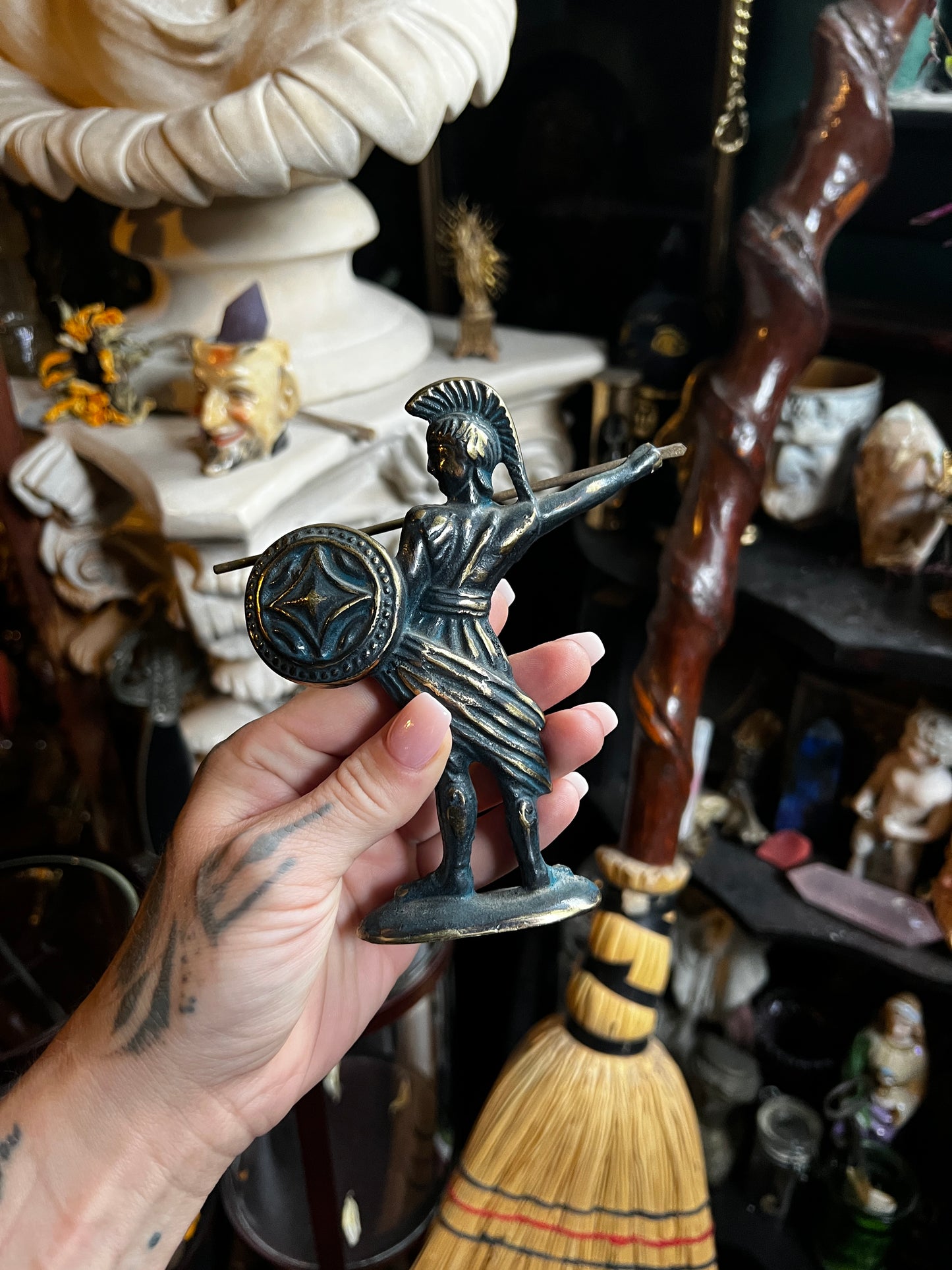 Vintage Verdigris Brass Greek Warrior Figurine with Spear & Shield