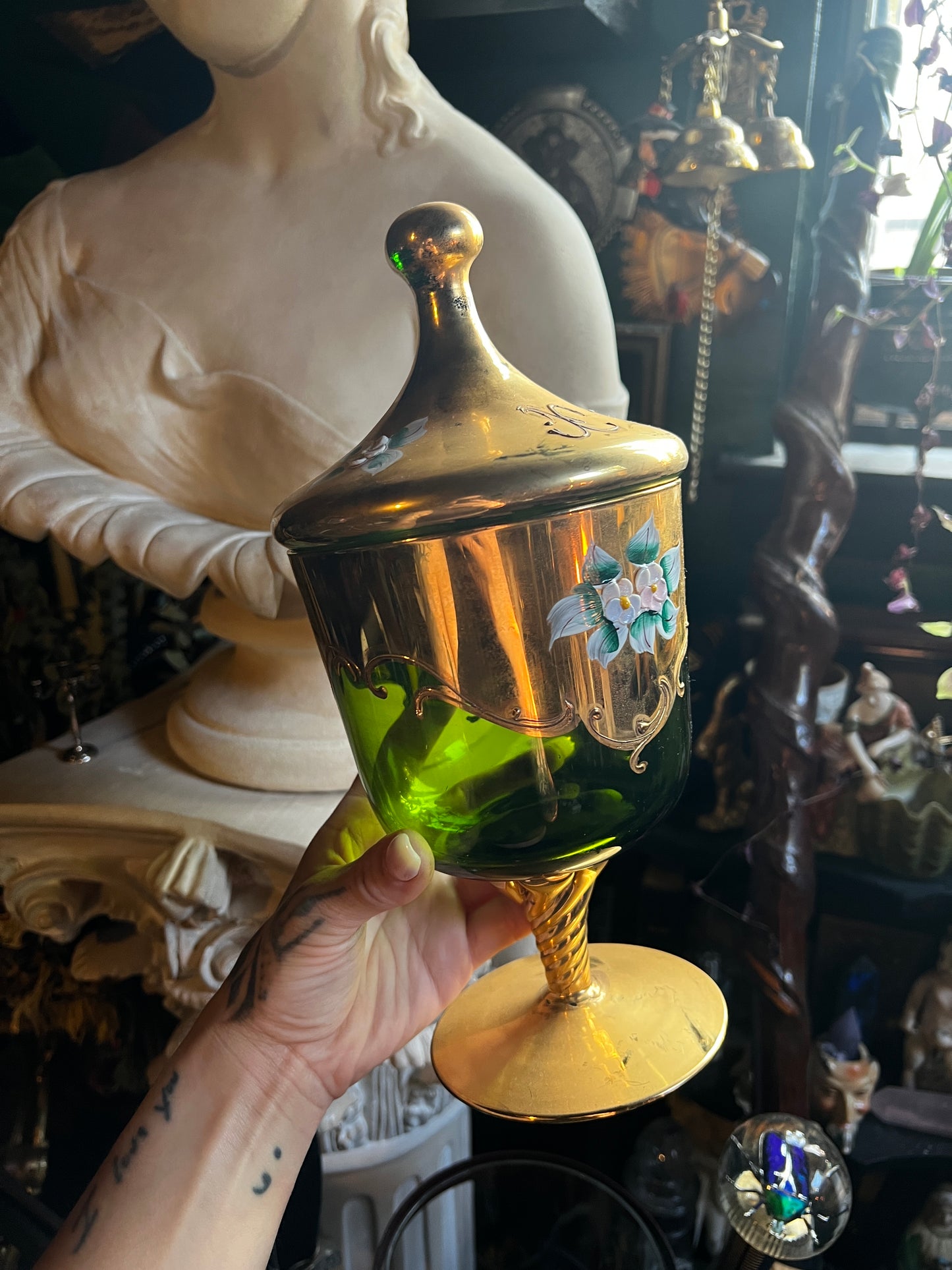 Bohemian Czech Emerald Green Glass Compote Dish