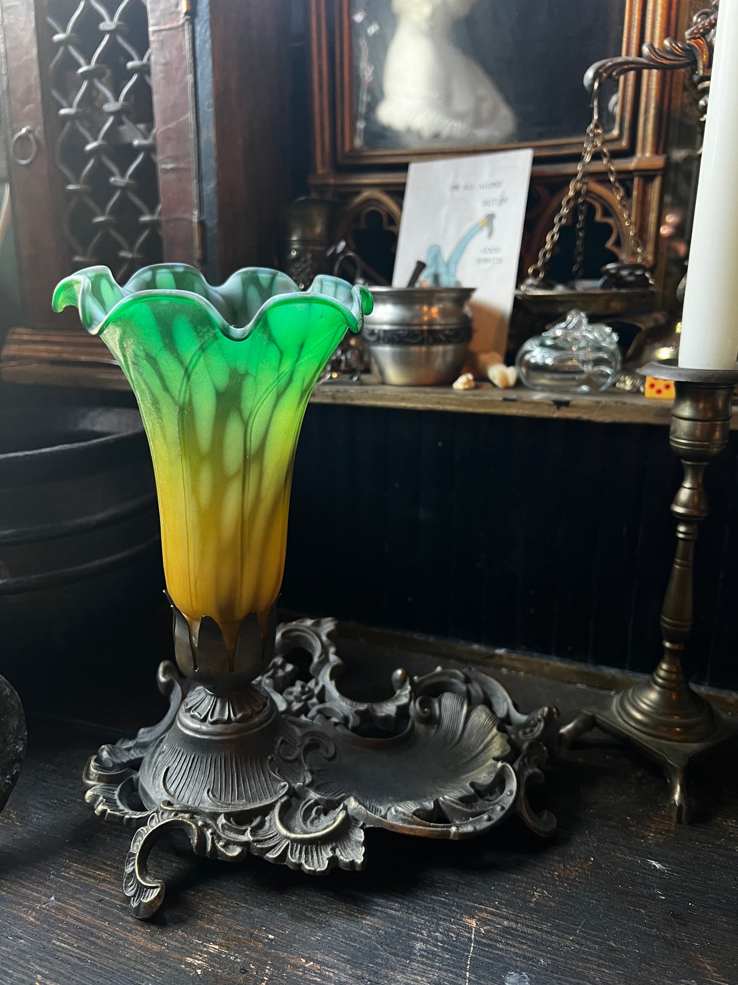 Art Nouveau Cast Iron Lily Table Lamp Dish