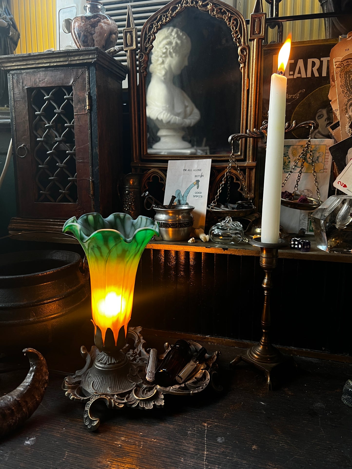 Art Nouveau Cast Iron Lily Table Lamp Dish