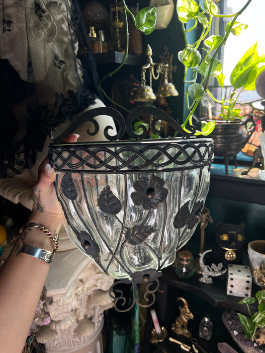 Wrought Iron and Caged Glass Wall Pocket Planter