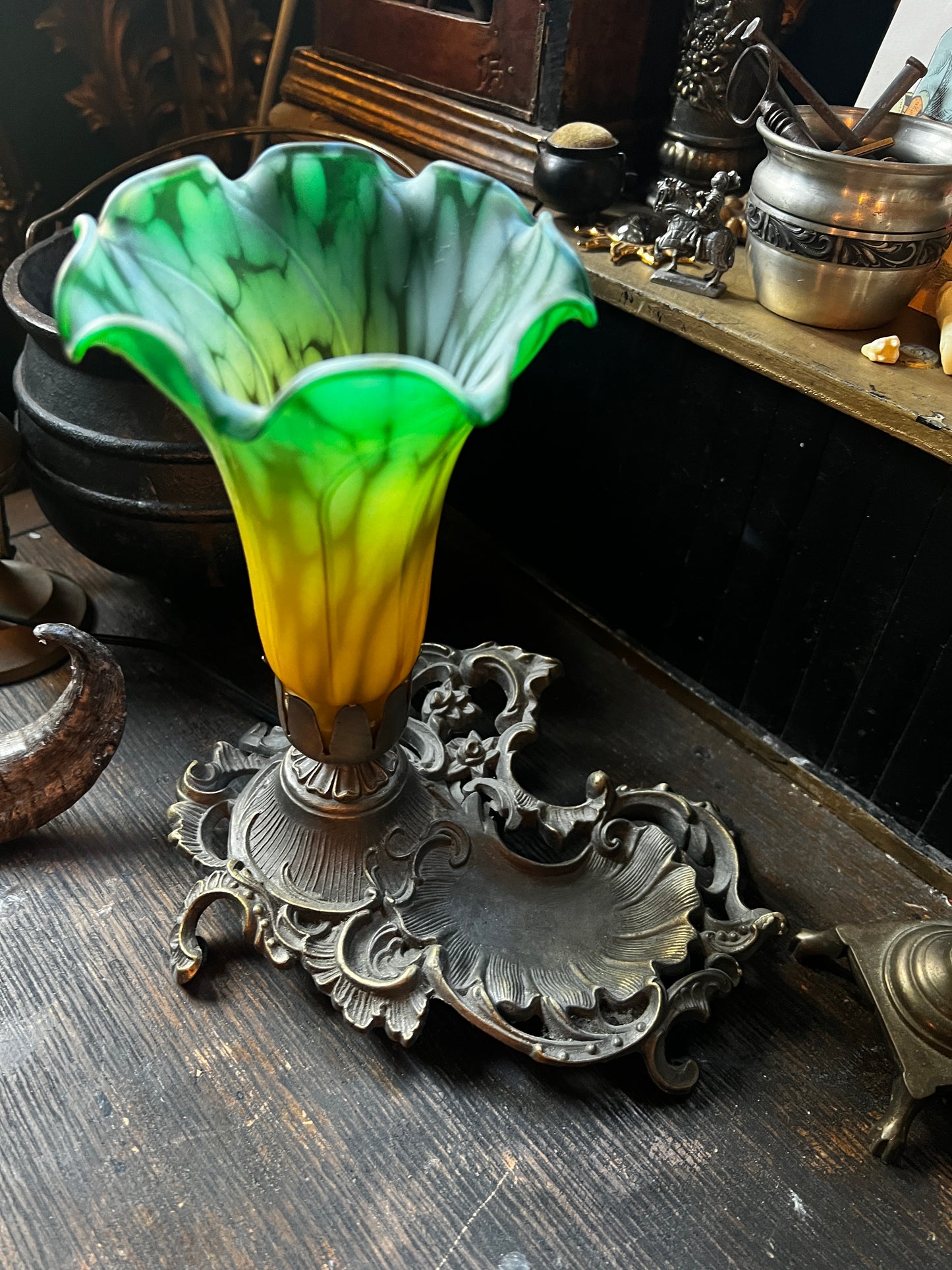 Art Nouveau Cast Iron Lily Table Lamp Dish