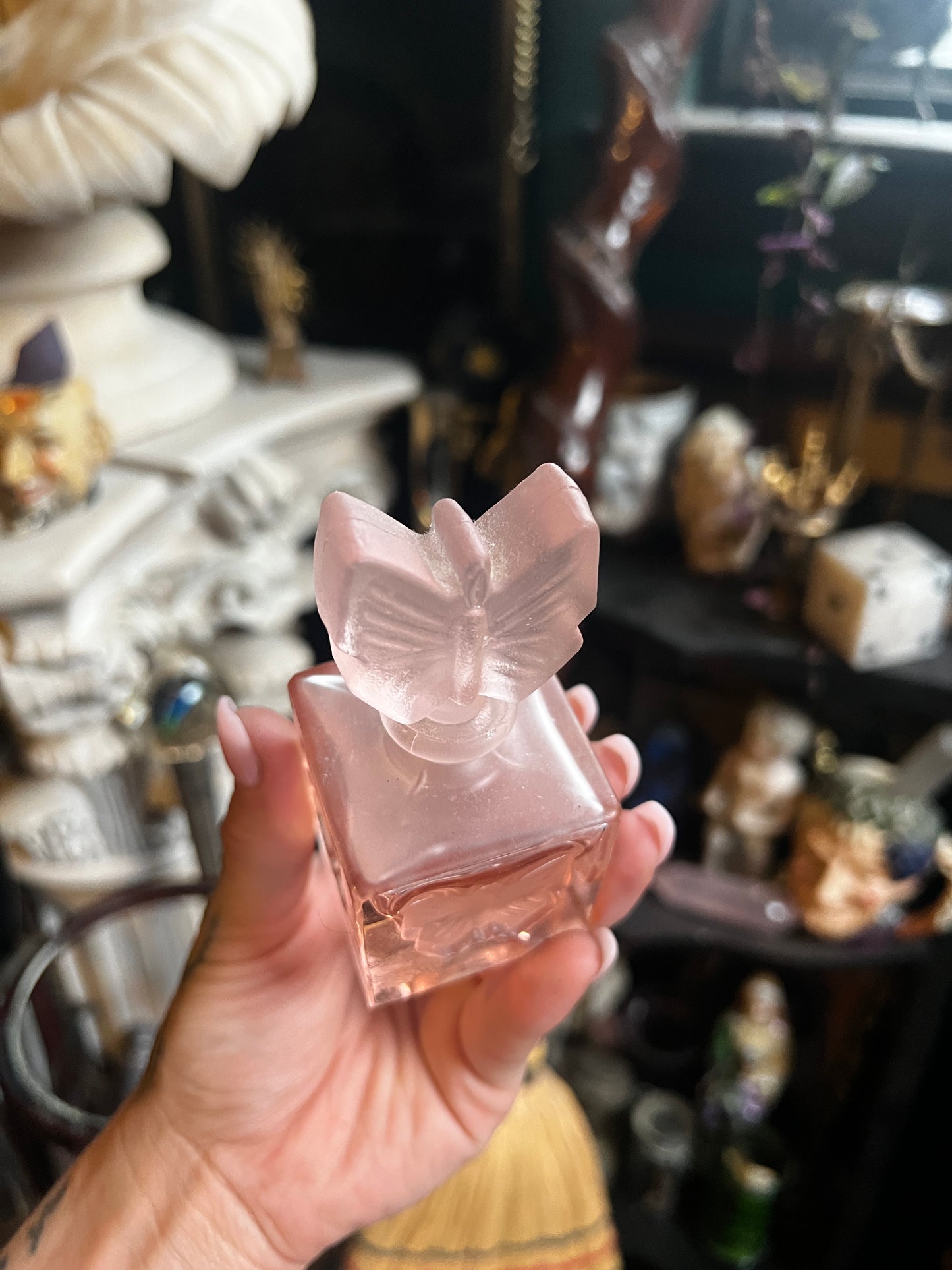 Vintage Frosted Pink Glass Butterfly Perfume Bottle