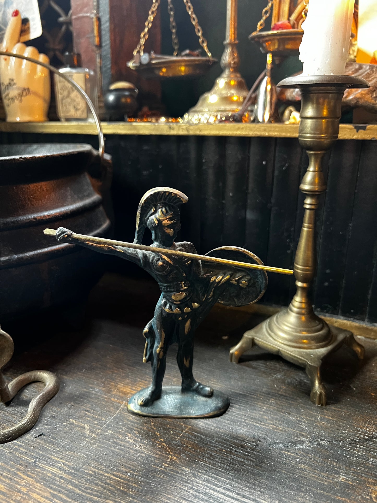 Vintage Verdigris Brass Greek Warrior Figurine with Spear & Shield