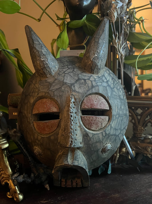 Carved Wooden African Tribal Horned Mask Made In Ghana