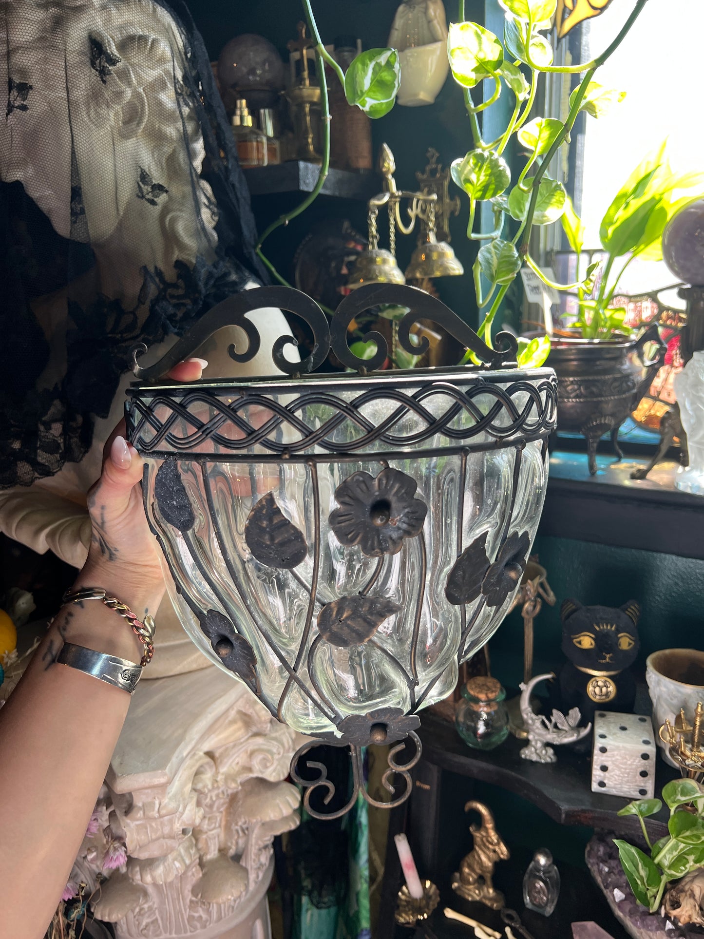 Wrought Iron and Cagwd Glass Wall Pocket Planter