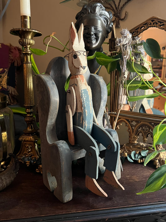 Hand-Carved Wooden Articulated Rabbit in Chair Figurine