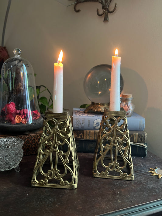 Vintage Brass Reticulated Candleholders - Pair
