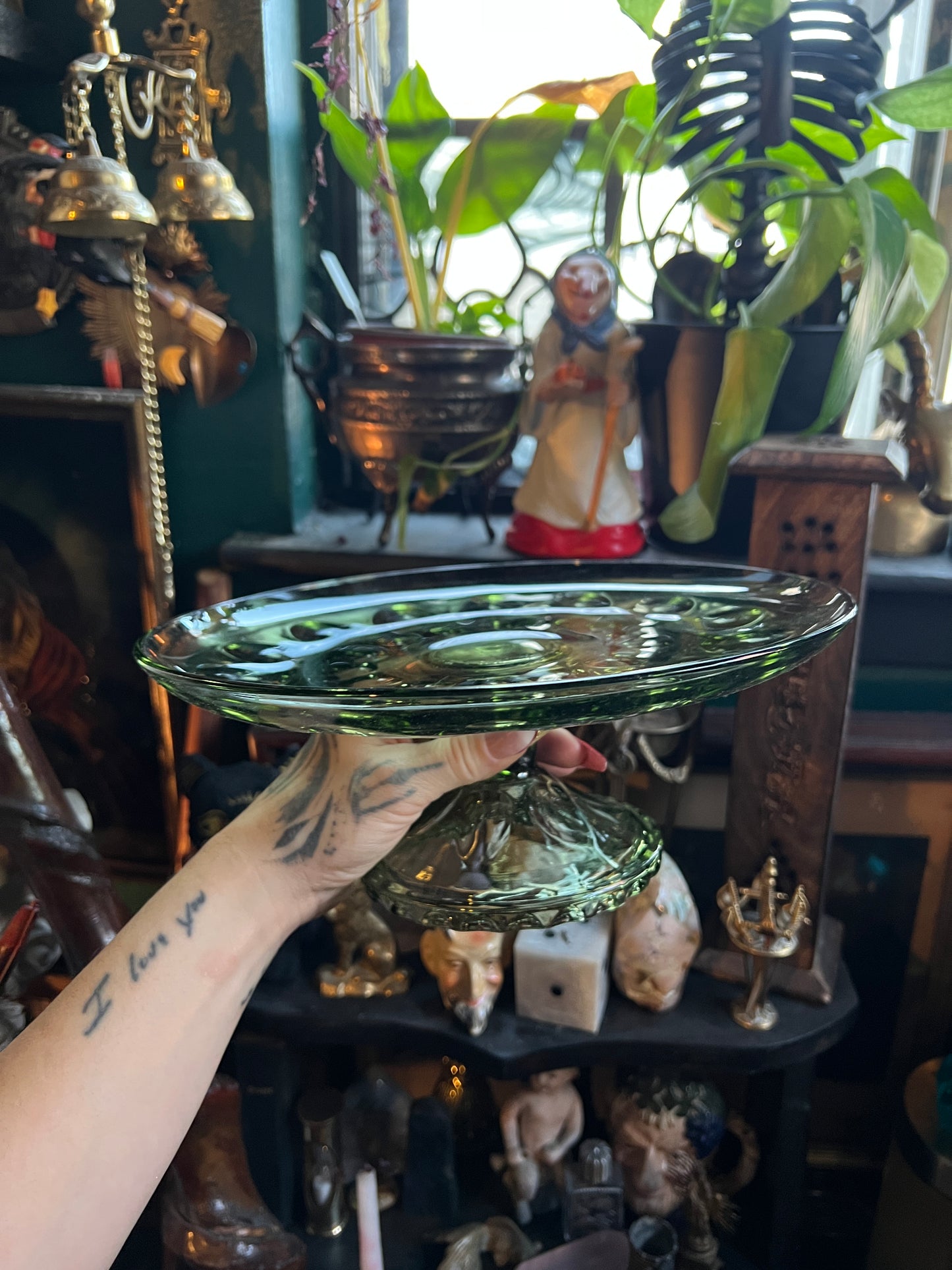 Thumbprint Green Glass Pedestal Dish