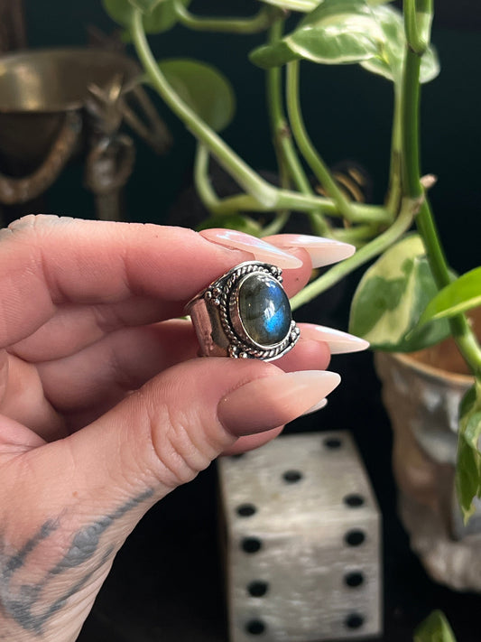 Midnight Aurora Labradorite Ring | Ornate Sterling Silver Wide Band