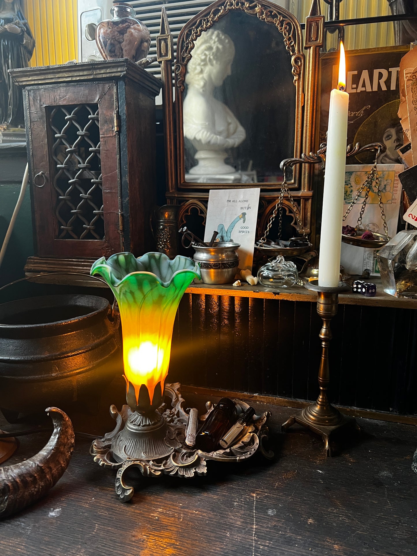 Art Nouveau Cast Iron Lily Table Lamp Dish