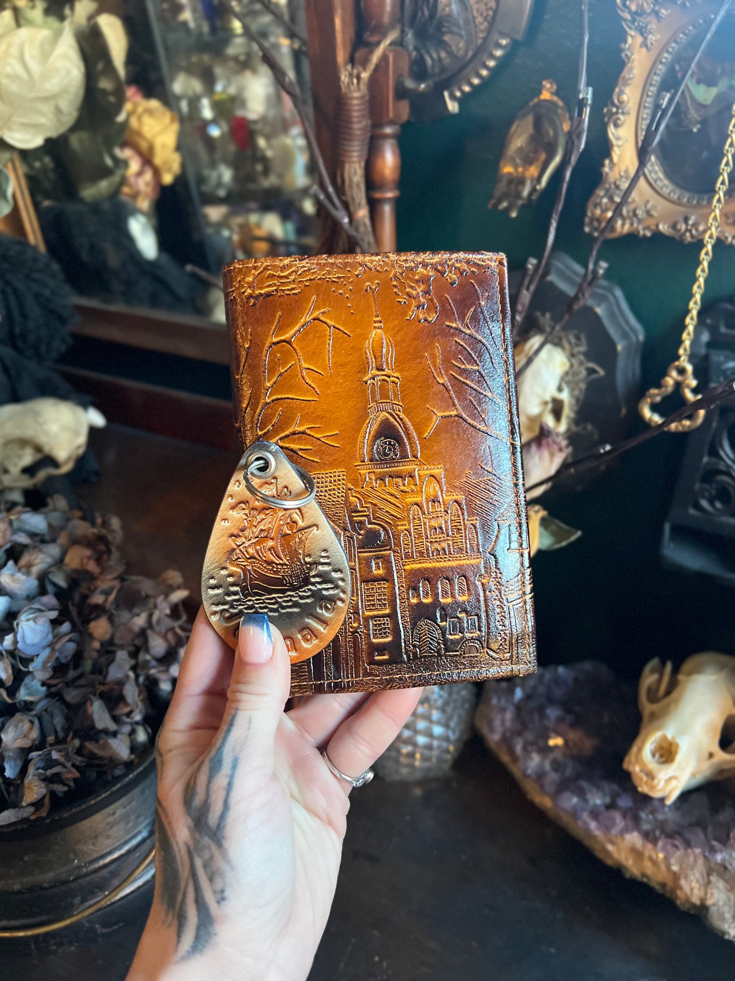 Hand Tooled Leather Wallet & Keychain