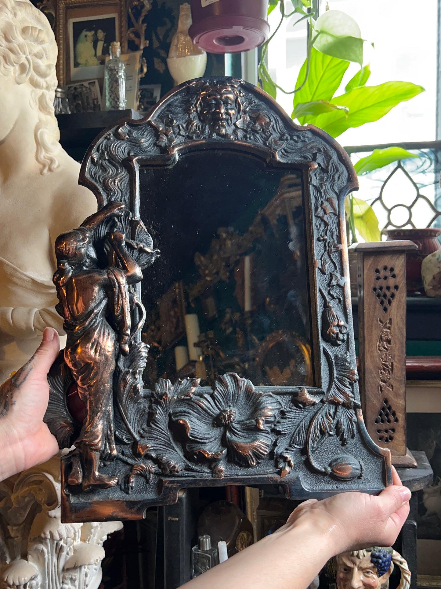 Art Nouveau Cast Iron Lady W Florals Green Man Table Top Mirror