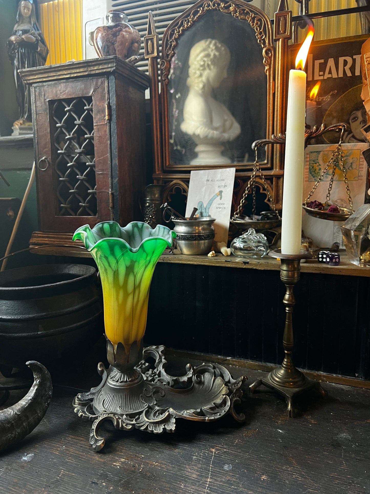 Art Nouveau Cast Iron Lily Table Lamp Dish