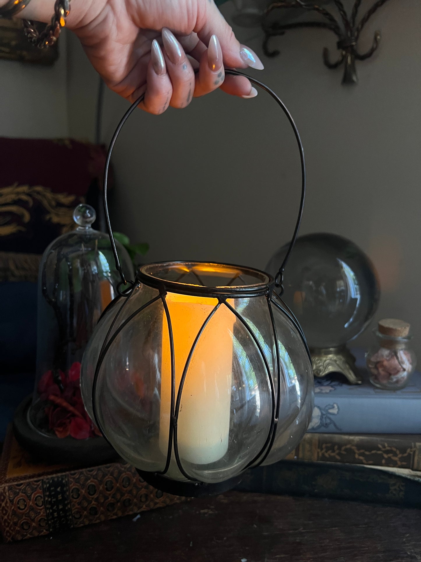Ribbed Glass and Wire Cage Candle Holder / Lantern with Handle