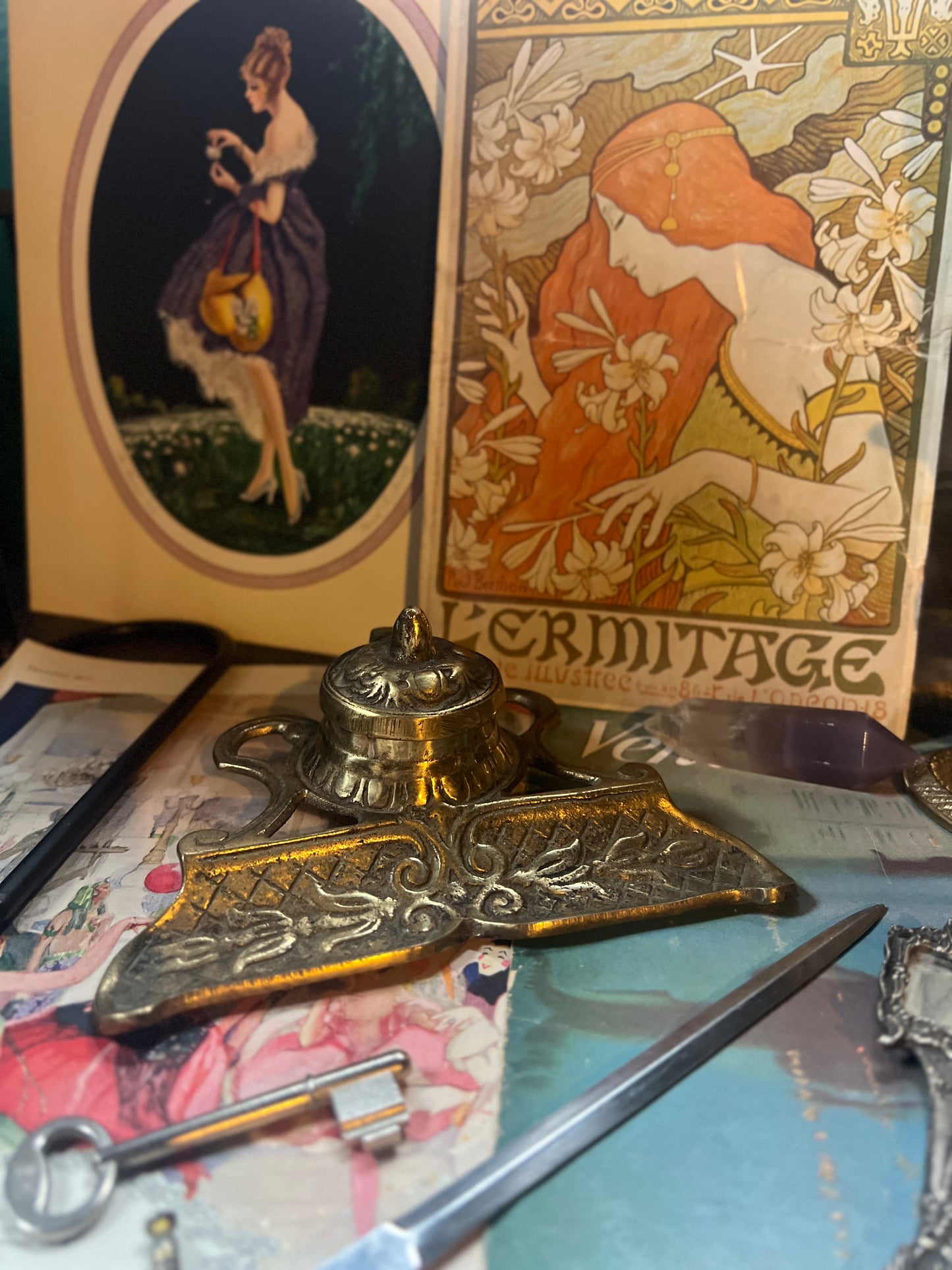 Brass Art Nouveau Style Inkwell