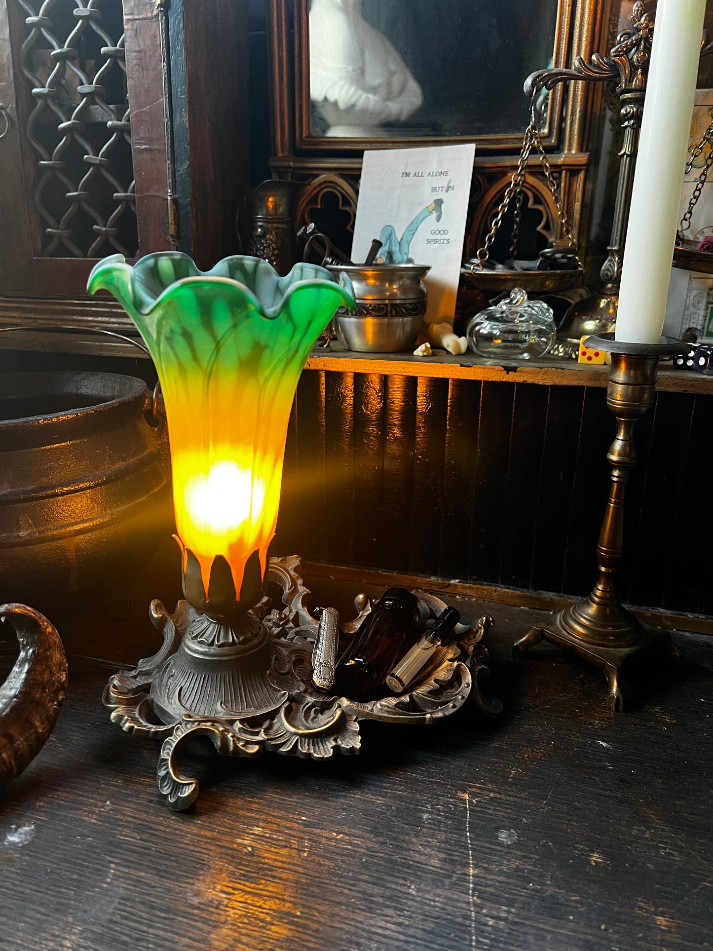 Art Nouveau Cast Iron Lily Table Lamp Dish