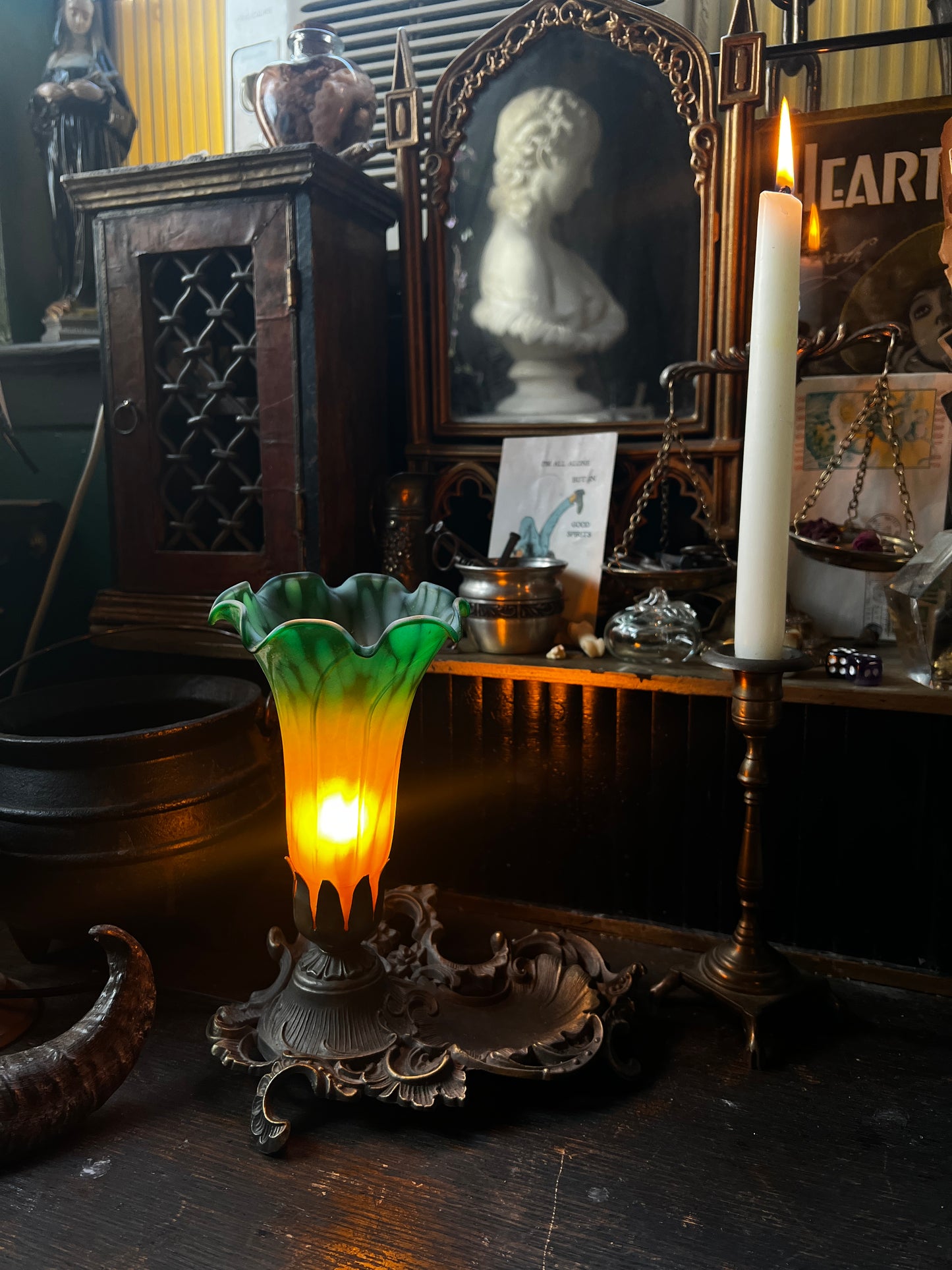 Art Nouveau Cast Iron Lily Table Lamp Dish