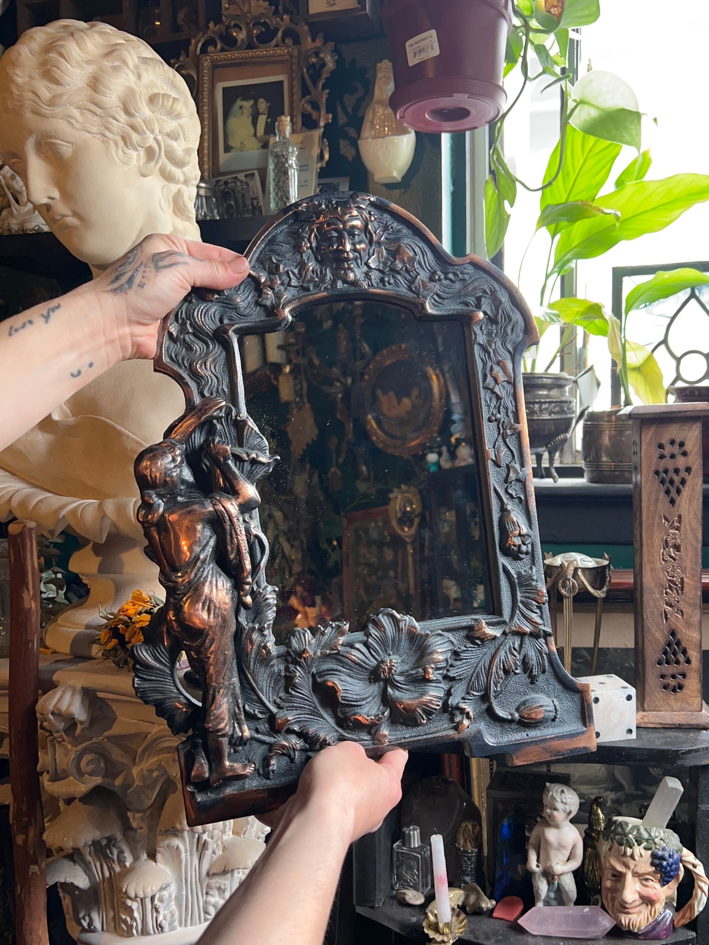 Art Nouveau Cast Iron Lady W Florals Green Man Table Top Mirror
