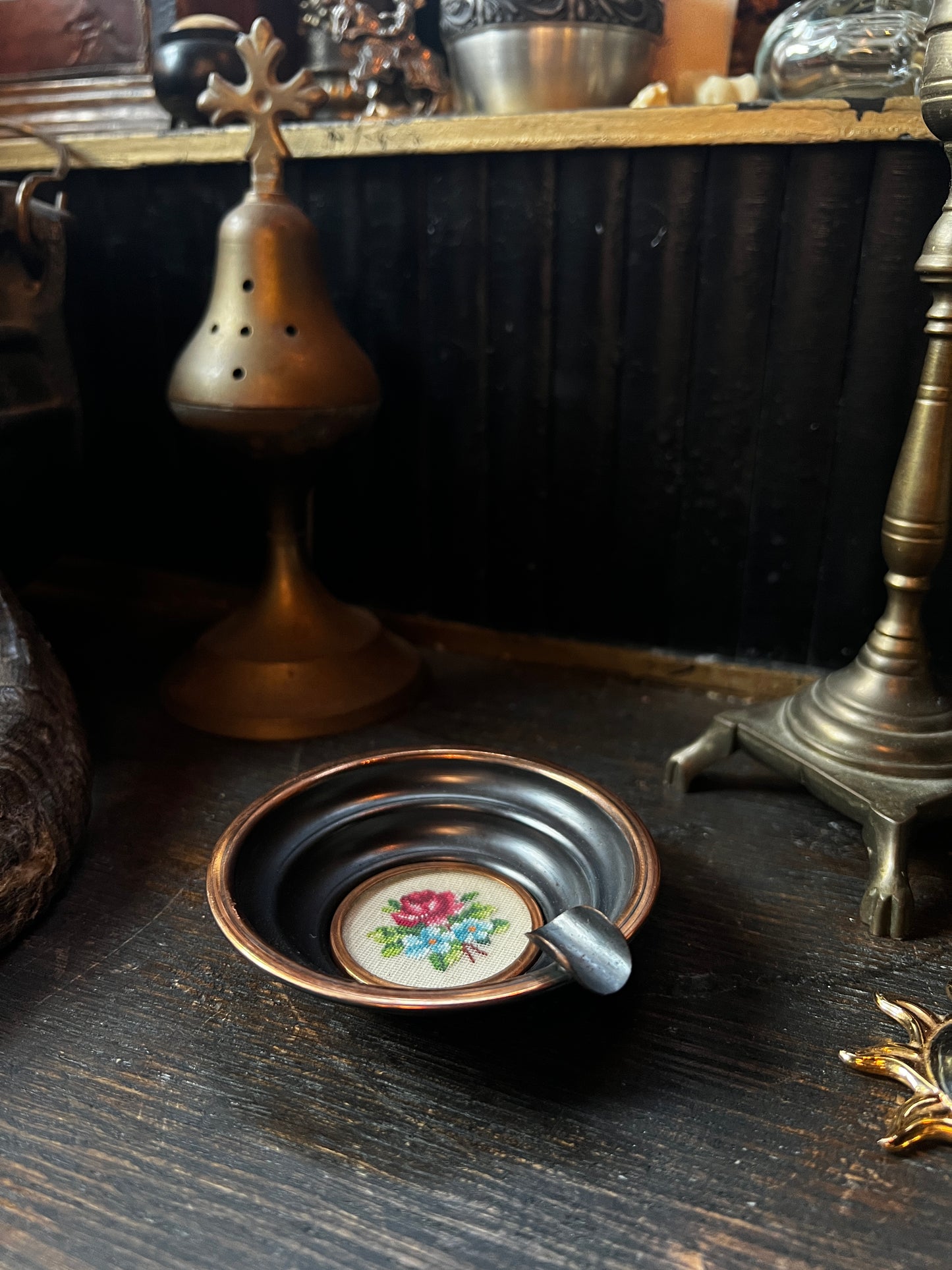 Embroidered Flower Copper Ashtray