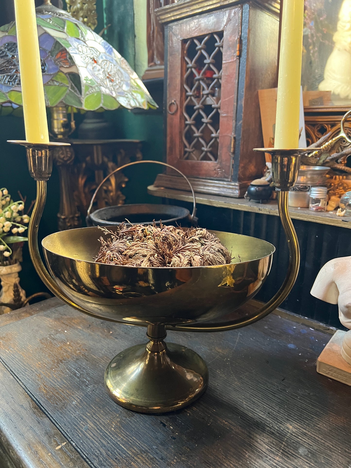 Vintage Brass Centerpiece Bowl with Double Candelabra Arms