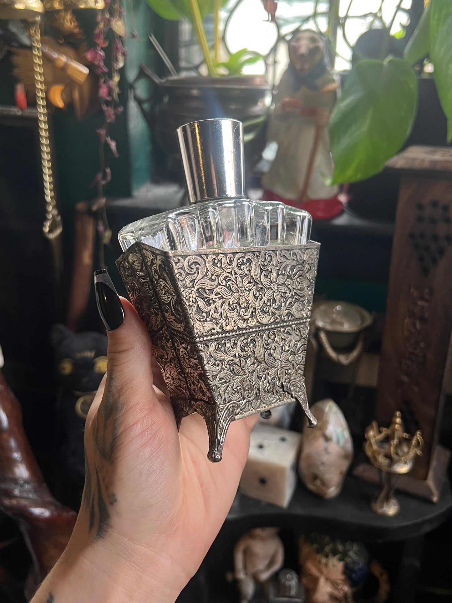 Ornate Silver-Plated & Glass Perfume Bottle