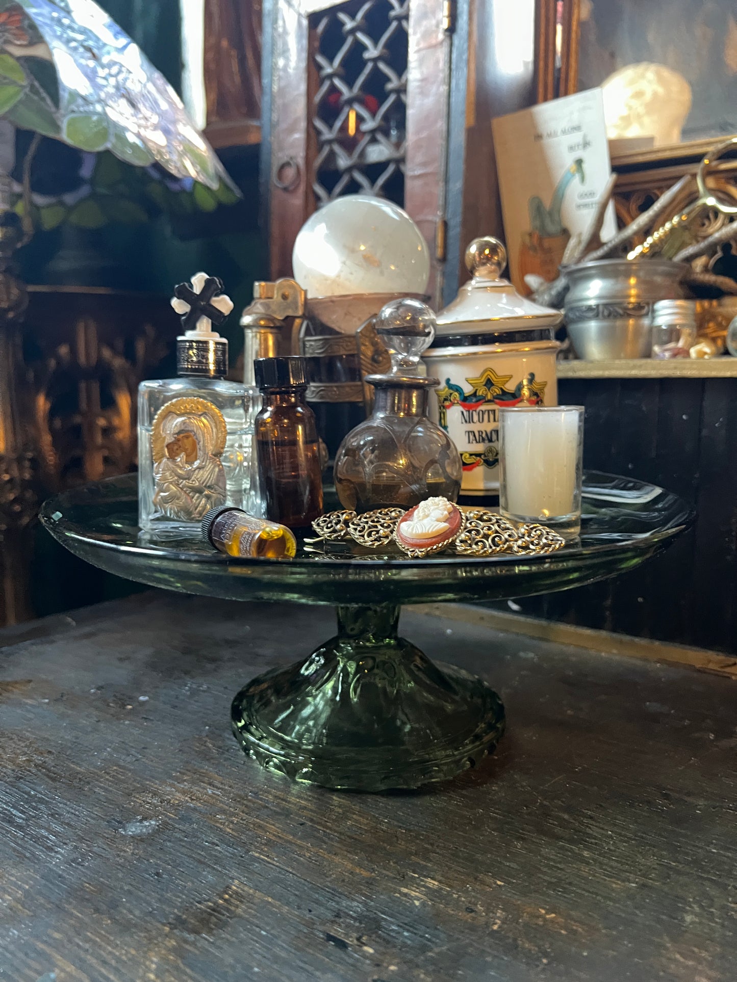 Thumbprint Green Glass Pedestal Dish