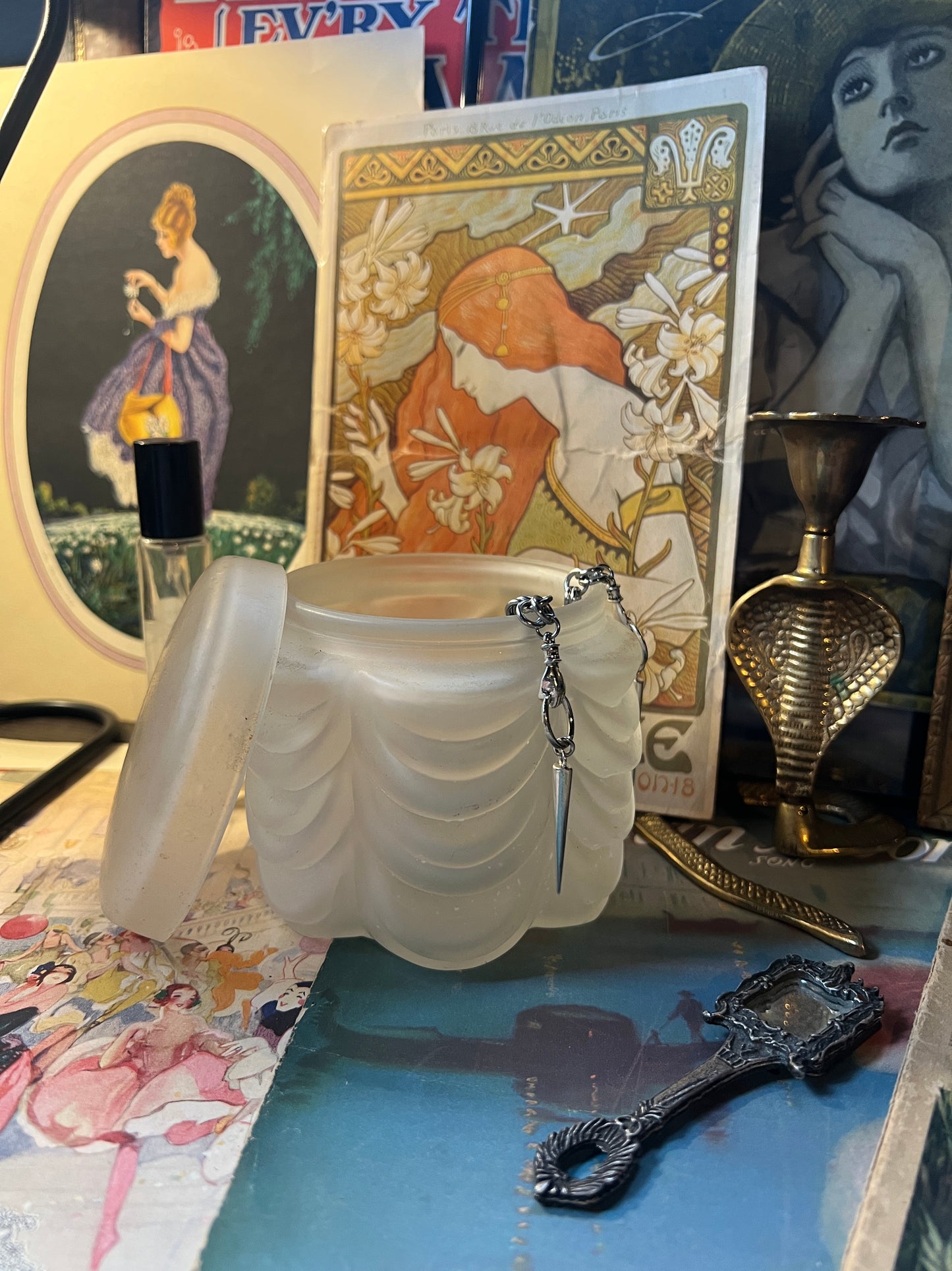 Art Deco Frosted Satin Drape Vanity Jar