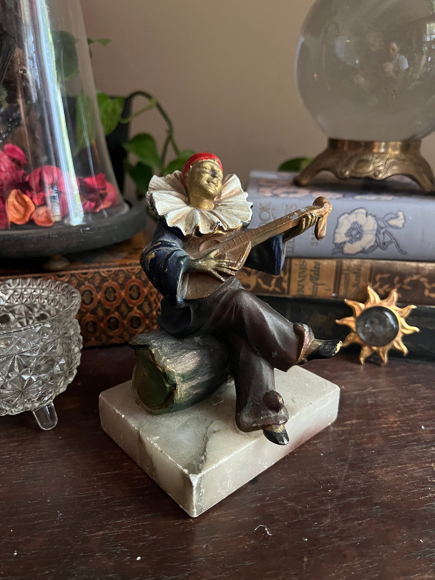 Cold-Painted Spelter/Bronze Pierrot Figurine Deco - Mandolin Player on Marble