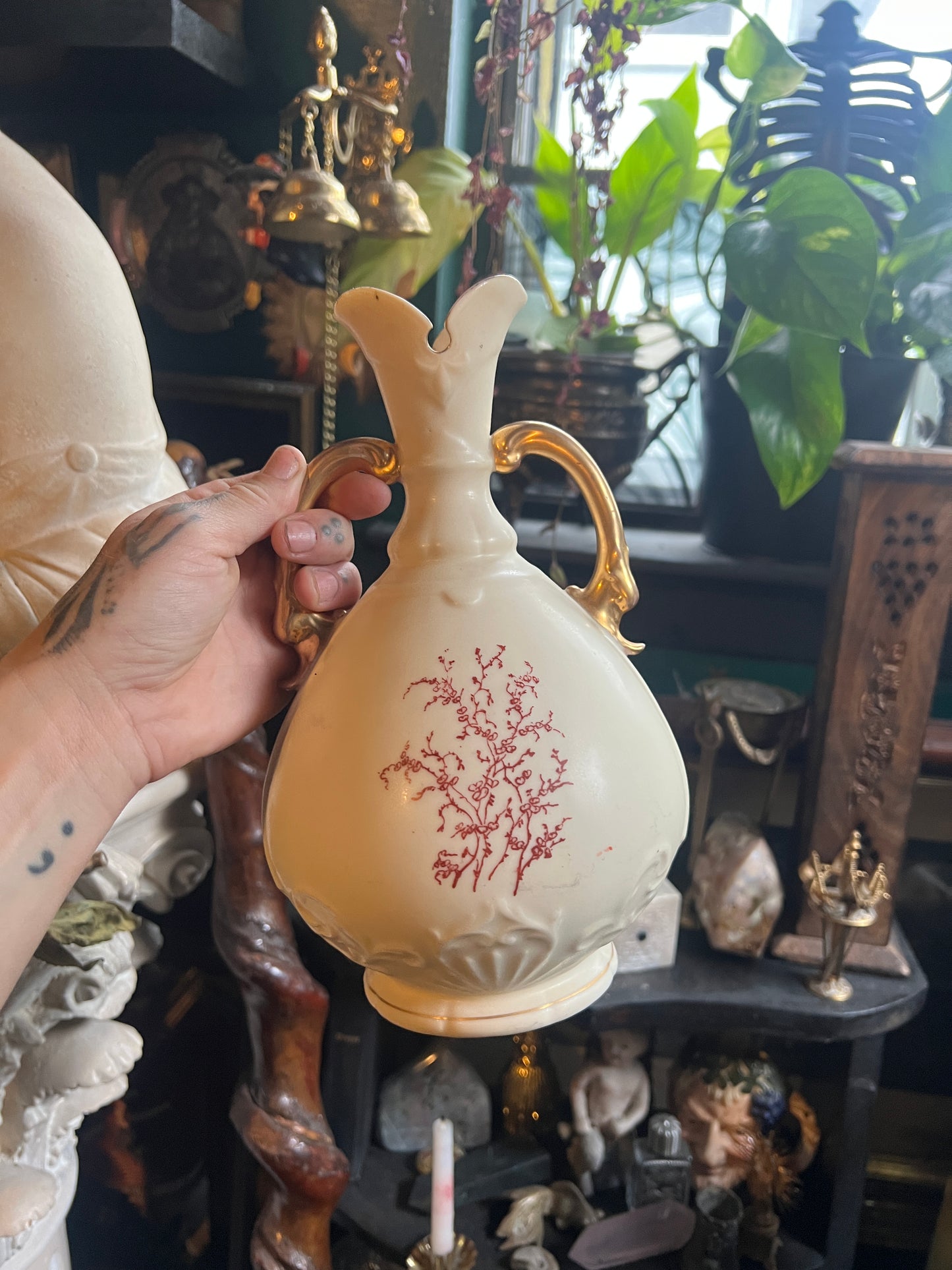 Antique Ivory Floral Hand Painted Double Handle Vase