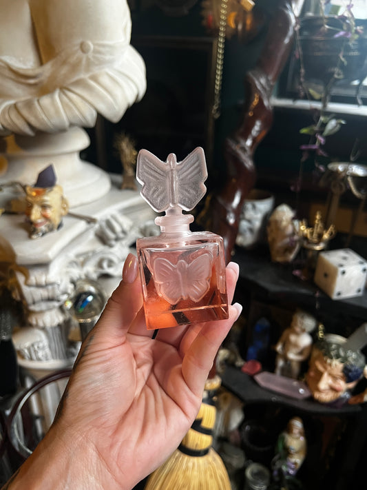 Vintage Frosted Pink Glass Butterfly Perfume Bottle