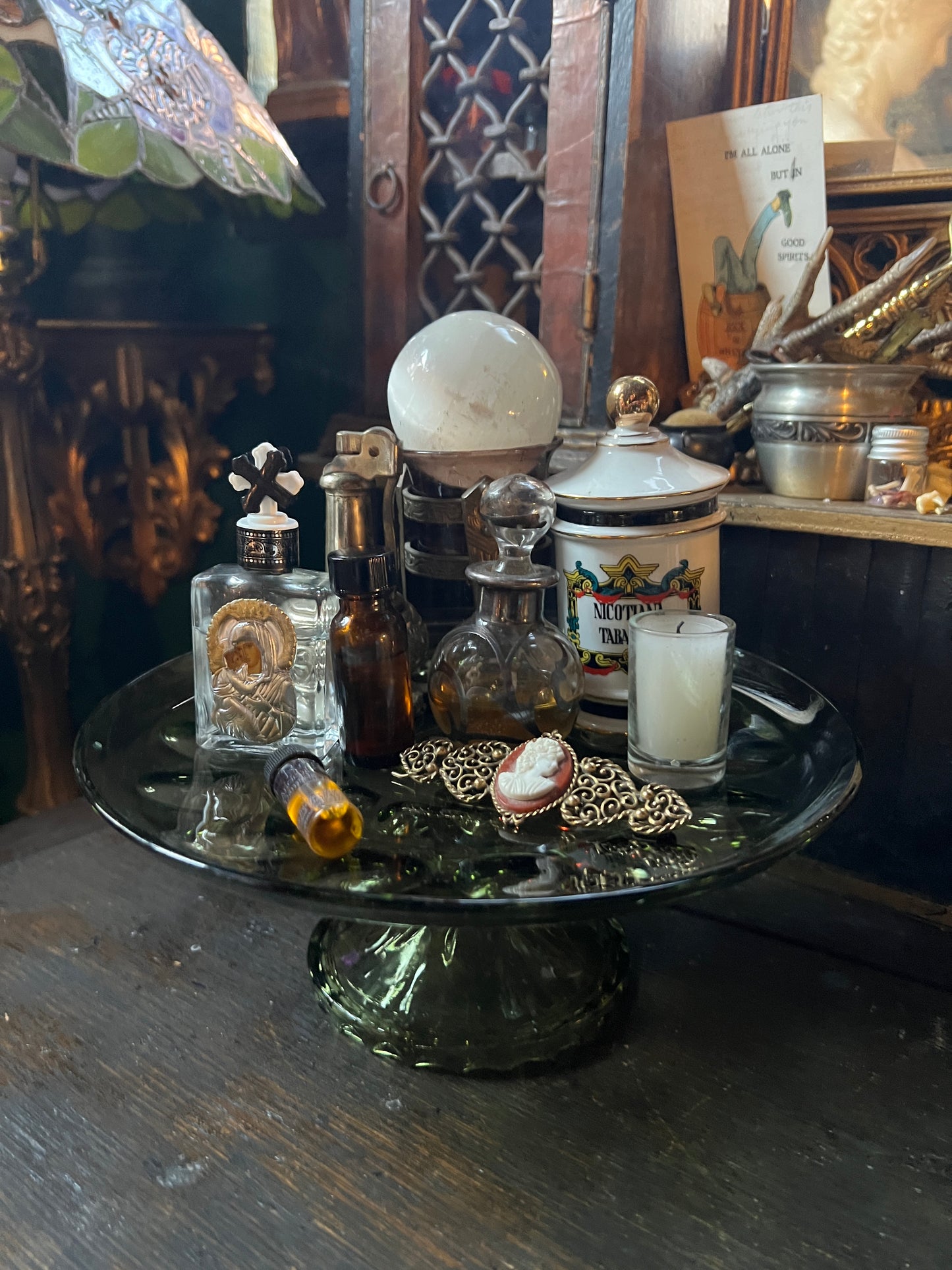 Thumbprint Green Glass Pedestal Dish