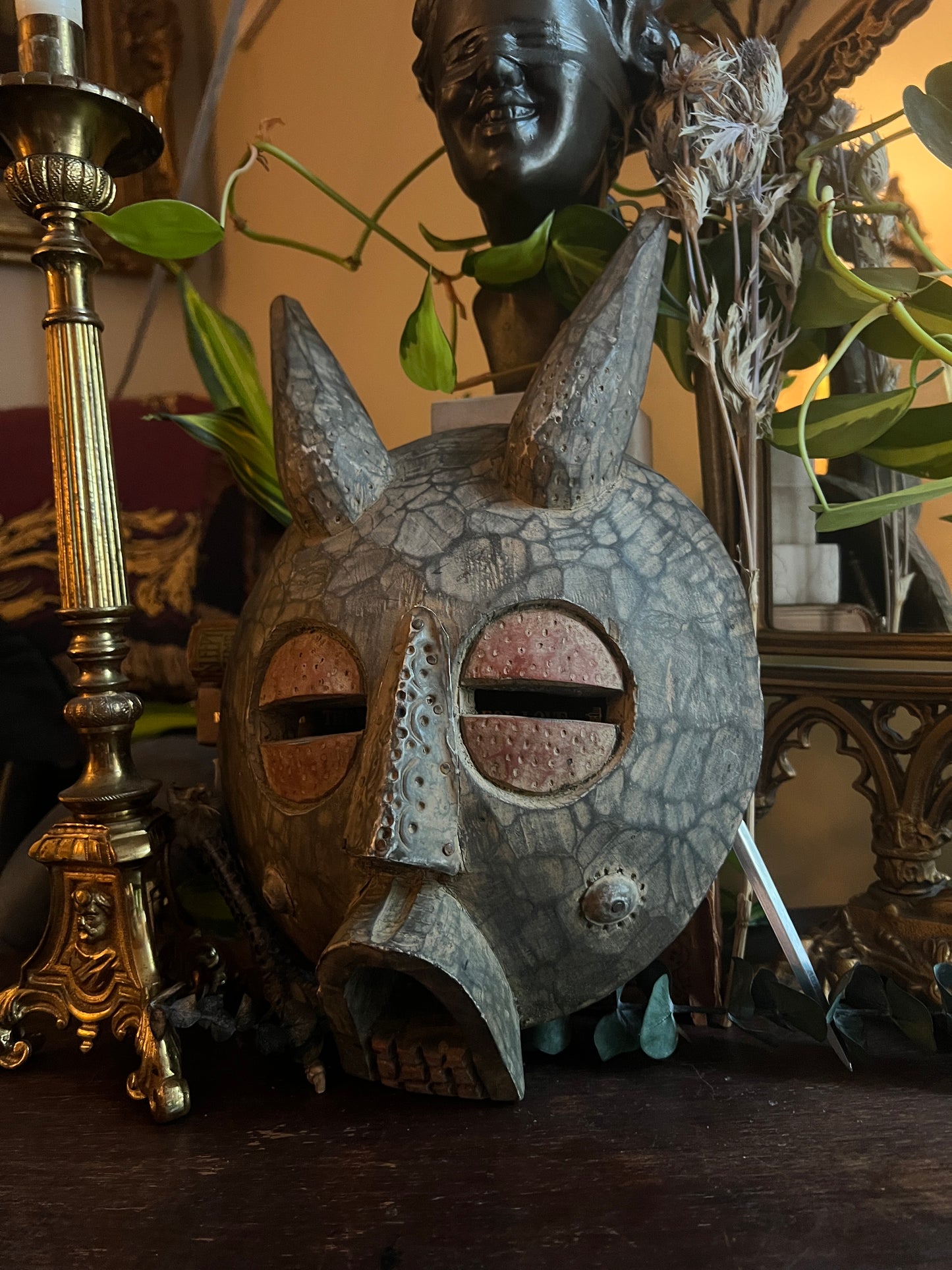 Carved Wooden African Tribal Horned Mask Made In Ghana