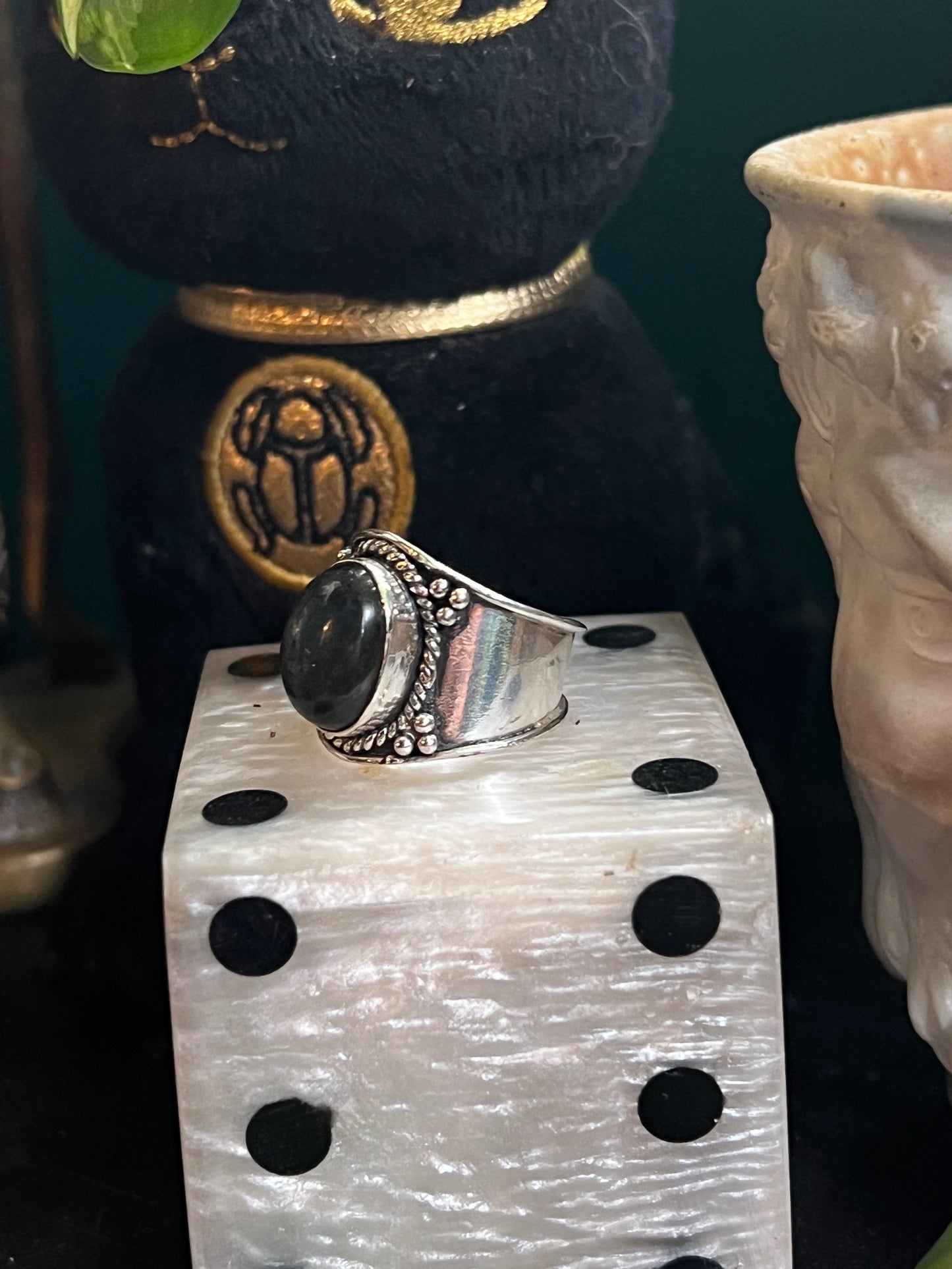 Midnight Aurora Labradorite Ring | Ornate Sterling Silver Wide Band