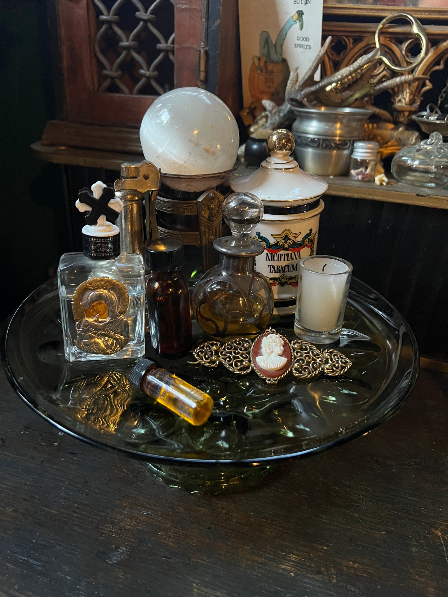 Thumbprint Green Glass Pedestal Dish