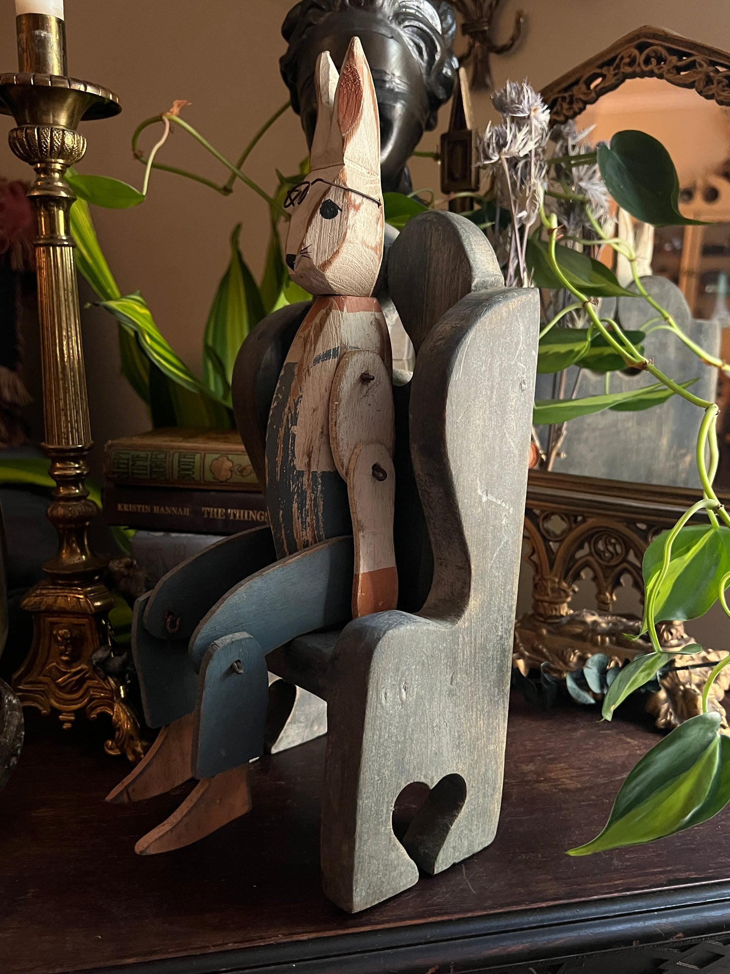 Hand-Carved Wooden Articulated Rabbit in Chair Figurine