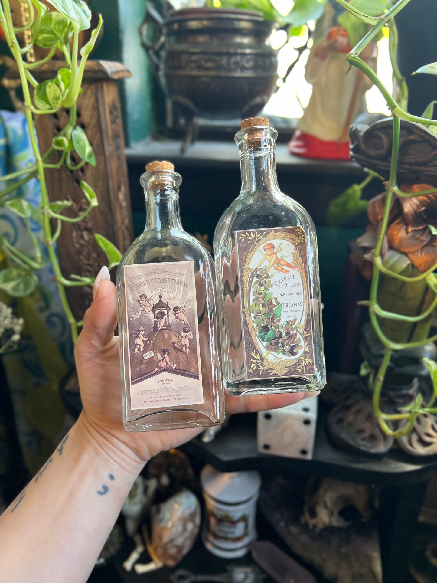 Vintage-Style Apothecary Bottles with Ornate Illustration Labels – Set of 2