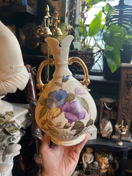Antique Ivory Floral Hand Painted Double Handle Vase