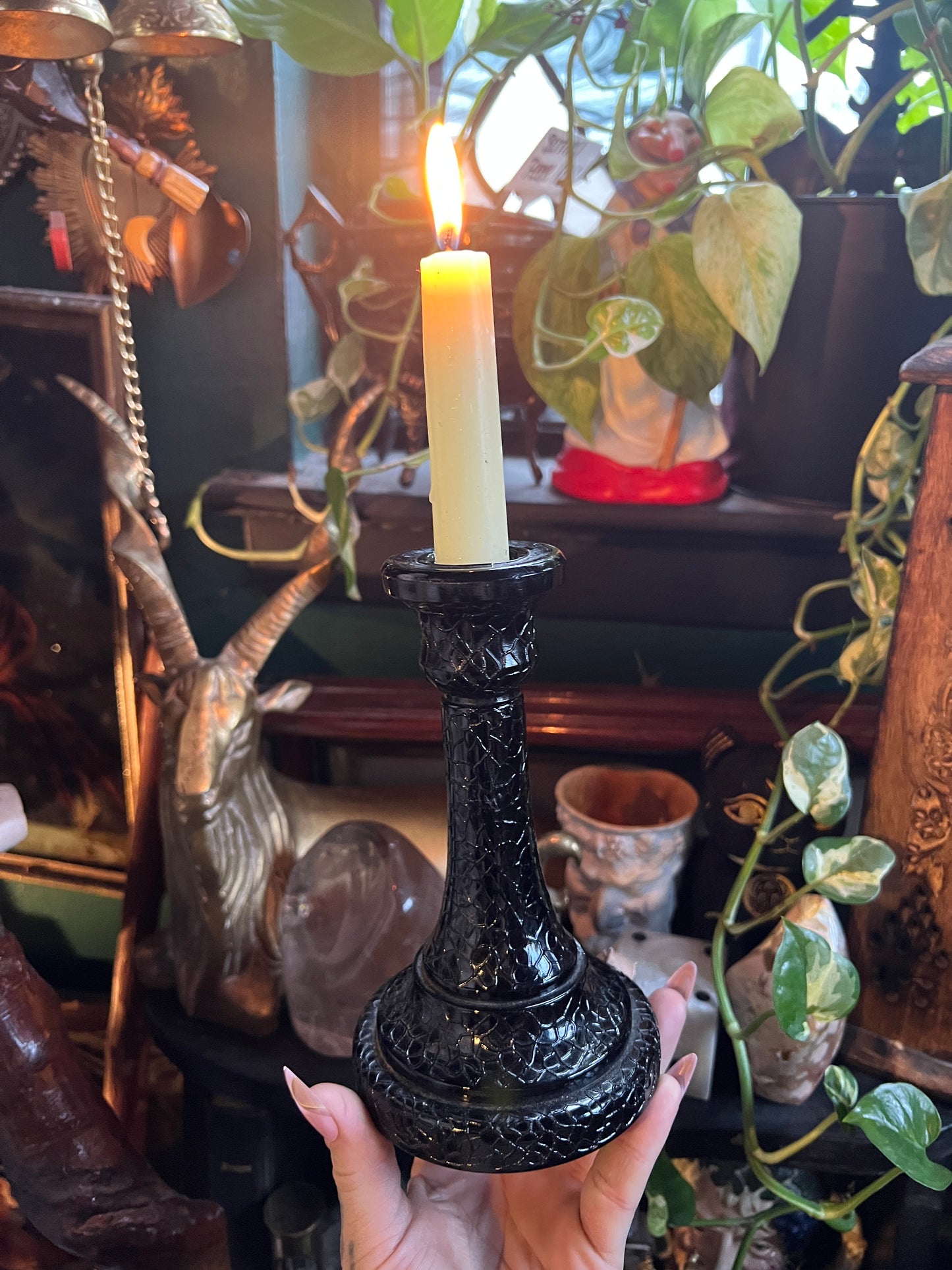 Black Crackle Glass Candlestick Holder