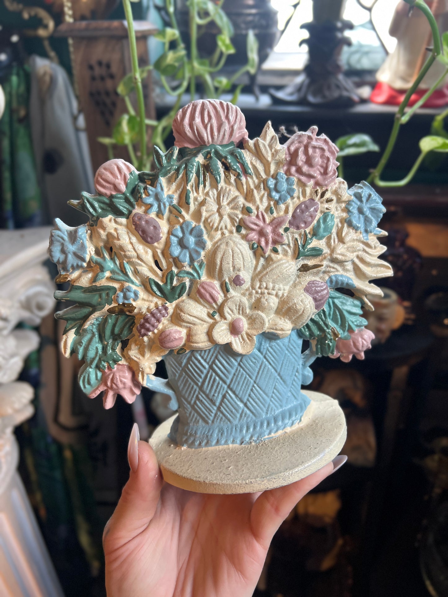 Antique Cast Iron Flower Basket Door Stopper