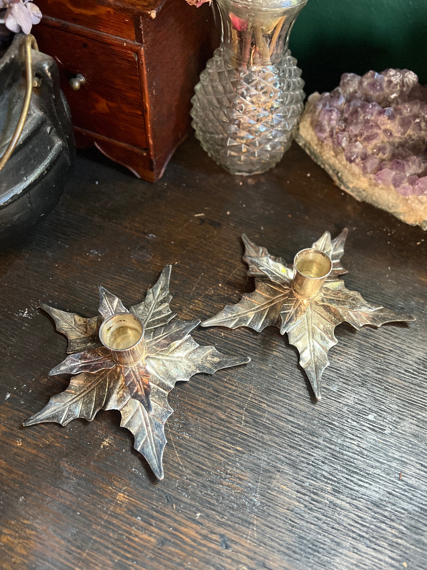 Vintage Silver-plated Leaf Chamber-Stick Holders