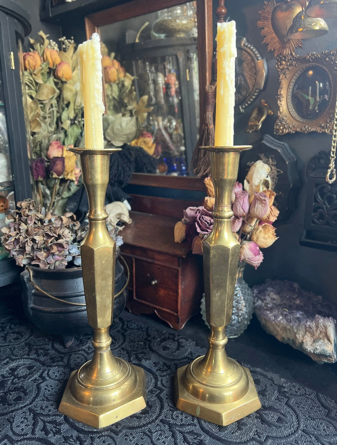 Pair of Solid Brass Hexagon Candle Holders