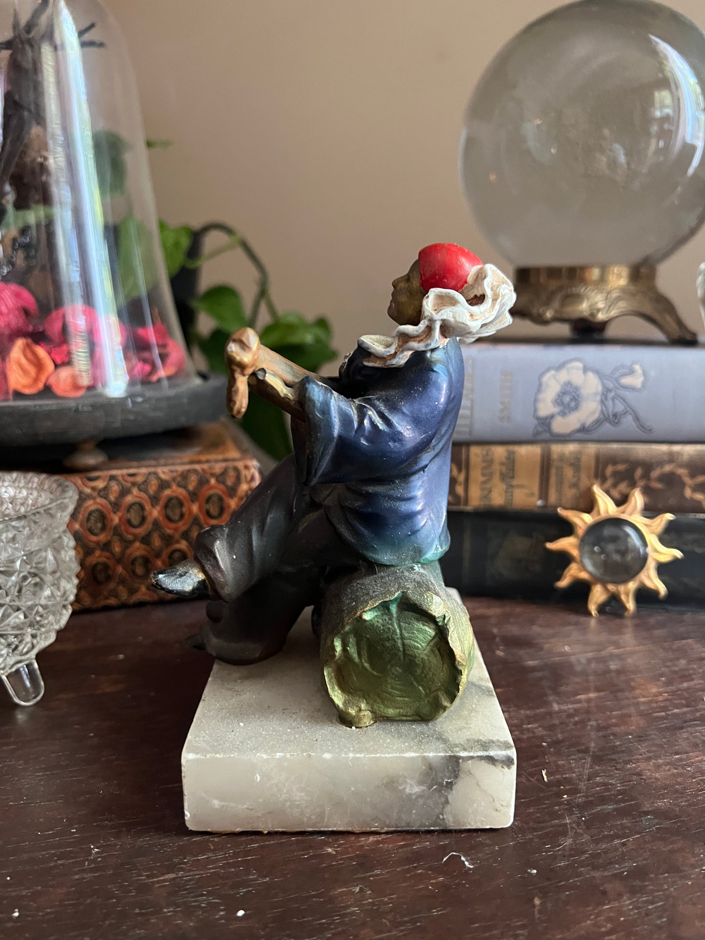 Cold-Painted Spelter/Bronze Pierrot Figurine Deco - Mandolin Player on Marble