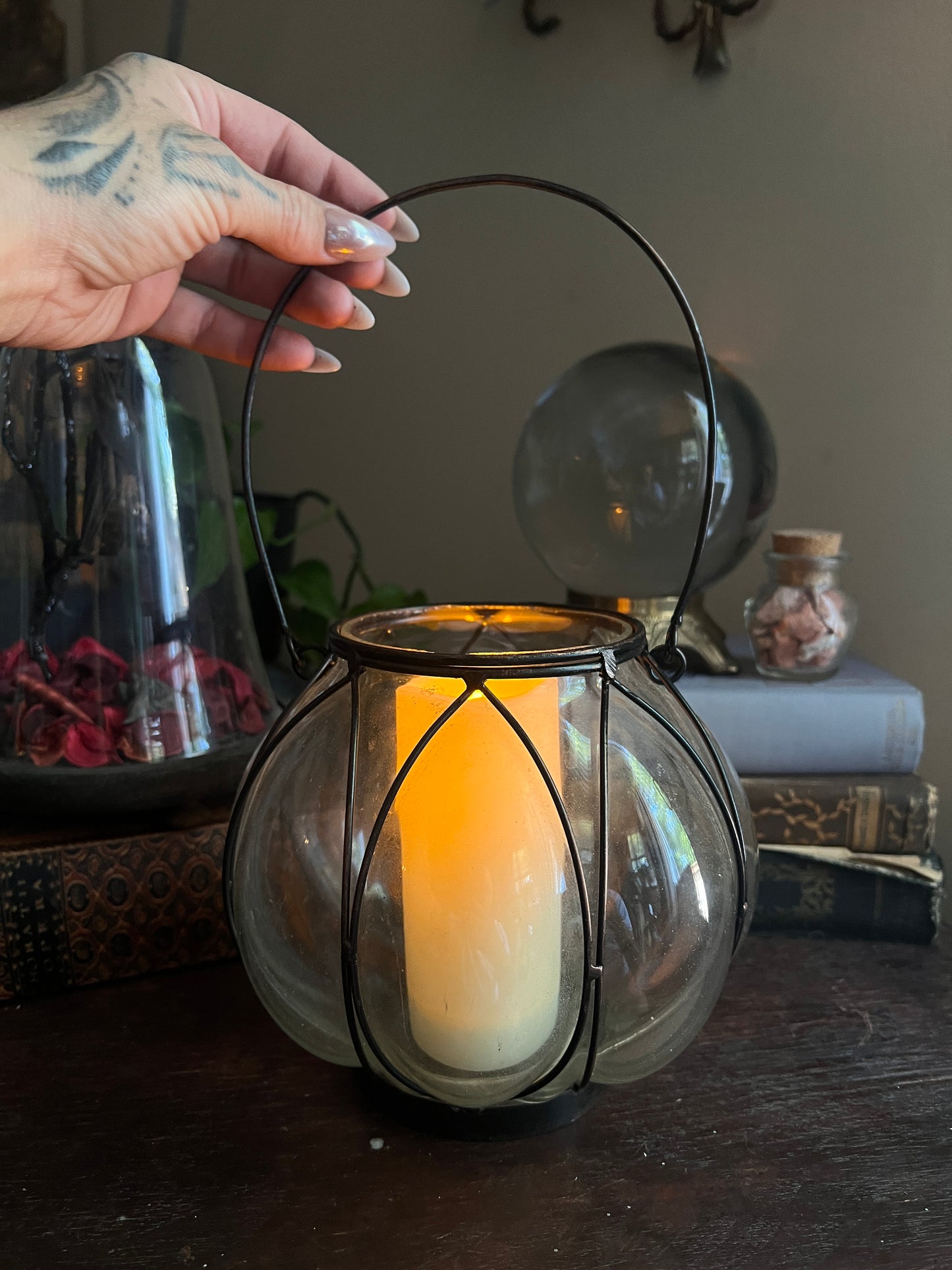 Ribbed Glass and Wire Cage Candle Holder / Lantern with Handle